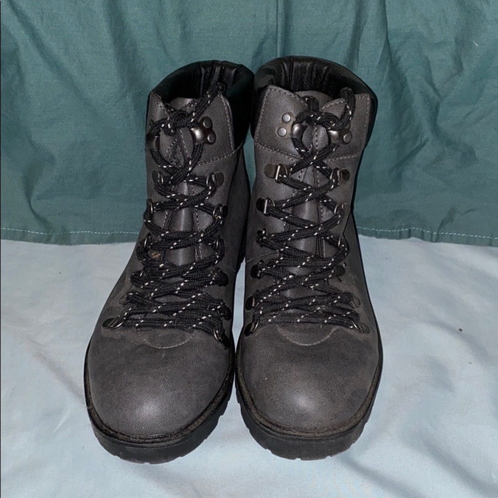 black and dark gray timberlands